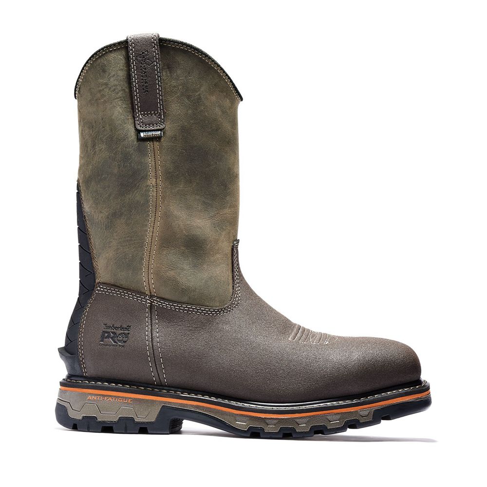 Timberland Mens Pro Boots True Grit Waterproof Composite-Toe Pull-On - Olive/Brown - India XI4706518